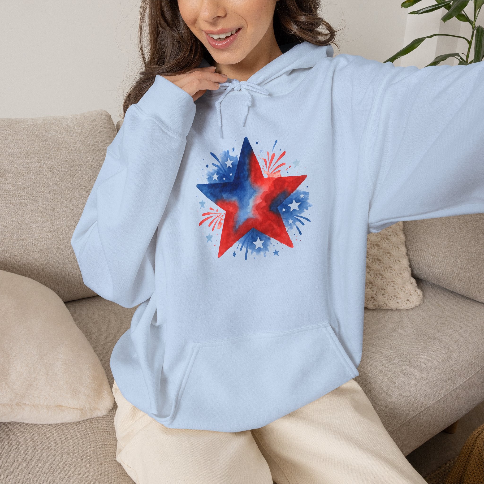 Patriotic Red & Blue Star Hoodie — 4th of July Firework Sweatshirt