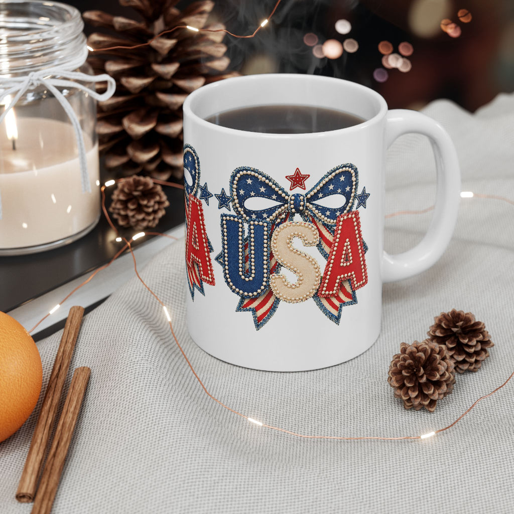 USA Patriotic Ceramic Mug with Bold Red White Blue Design