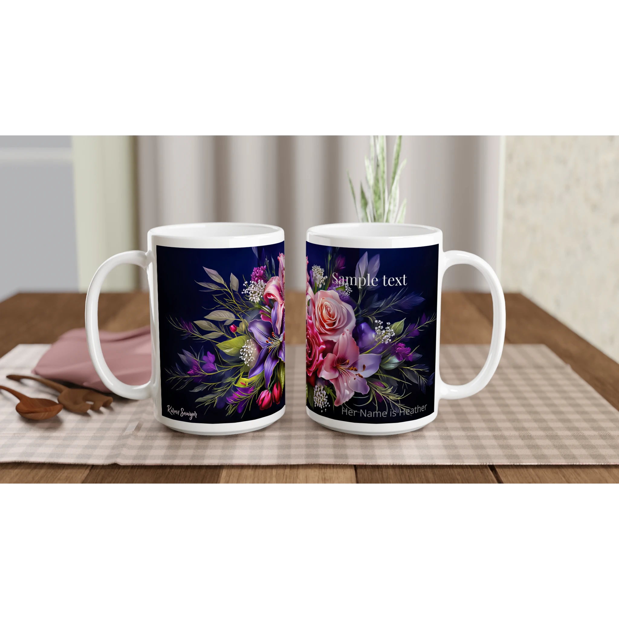 Floral mug with customizable text
