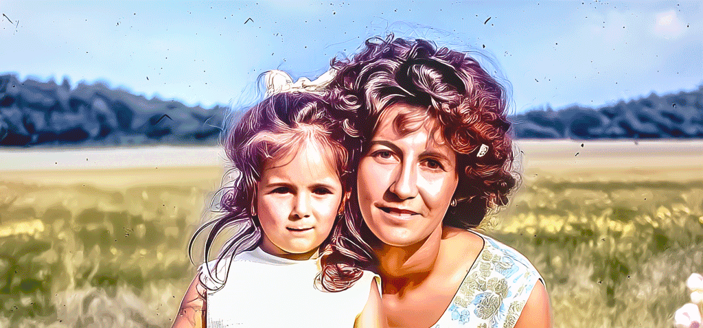 Mother and daughter in a field with Her Name Is Heather Gift Card