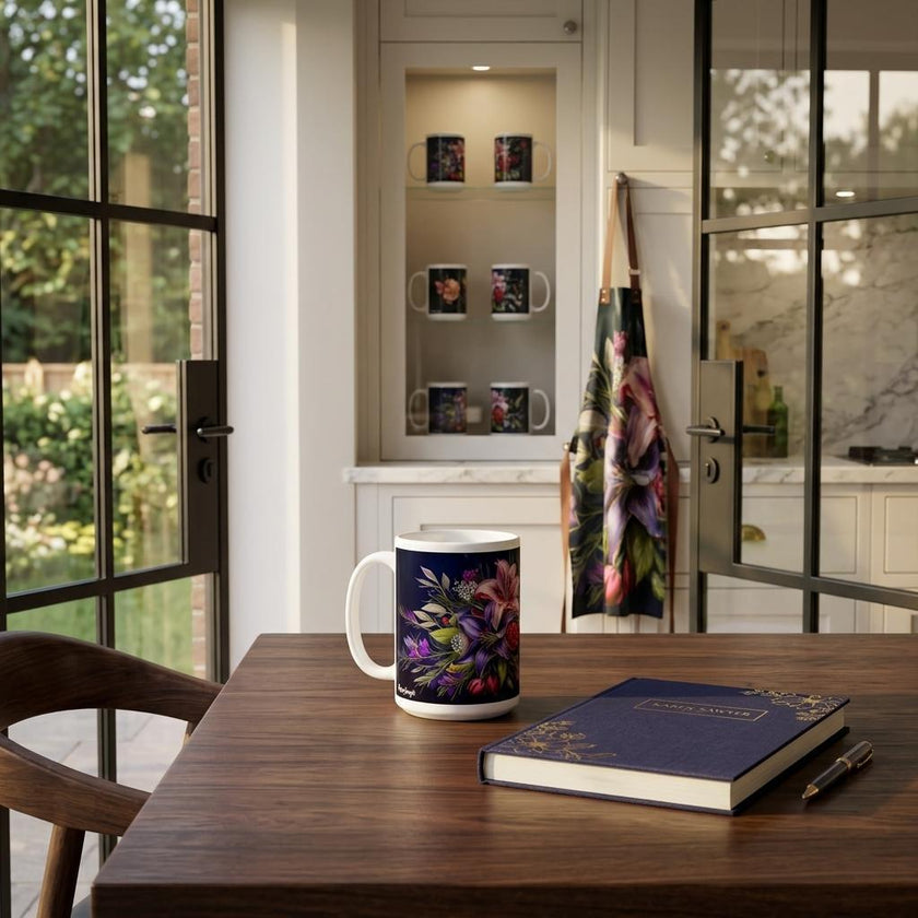Floral mug on kitchen table