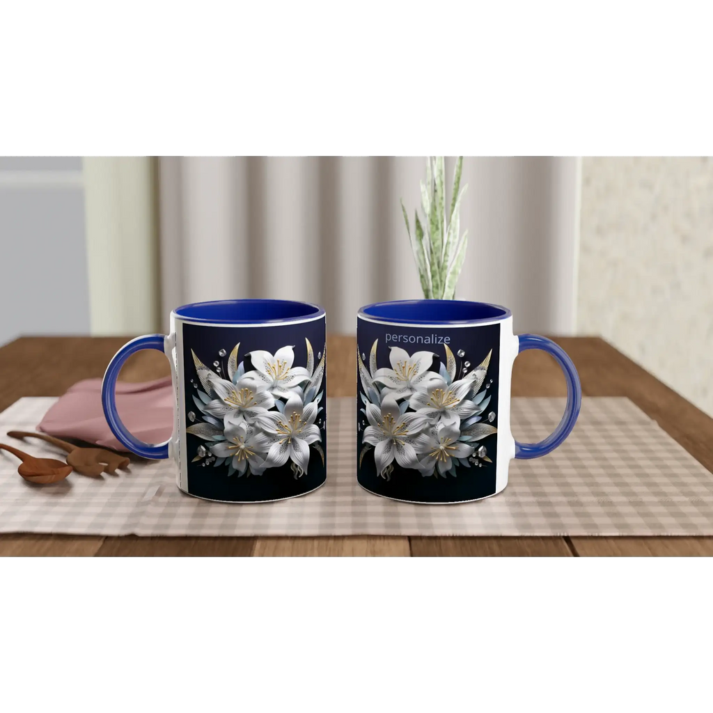 Ceramic mug with floral design and blue handle