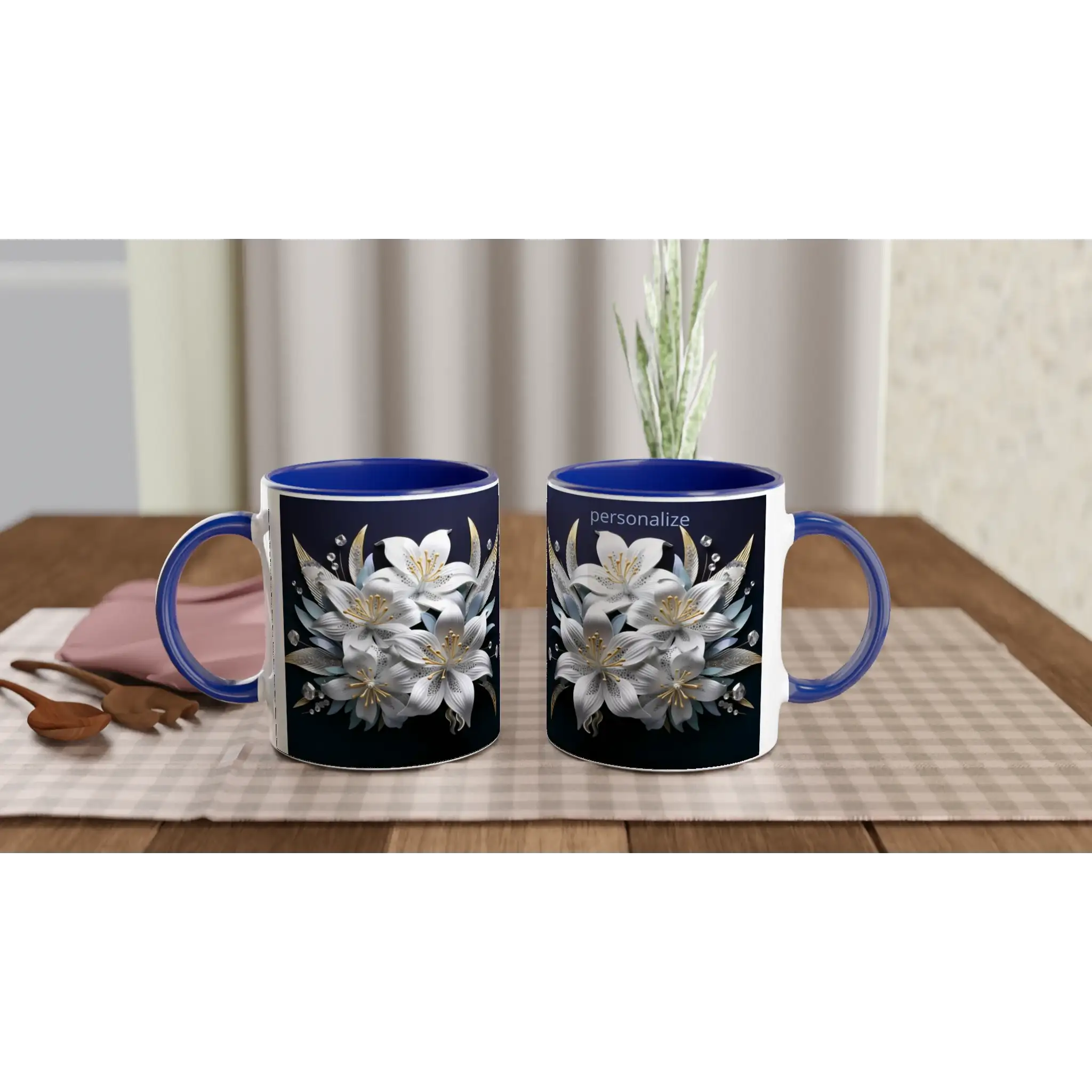 Ceramic mug with floral design and blue handle