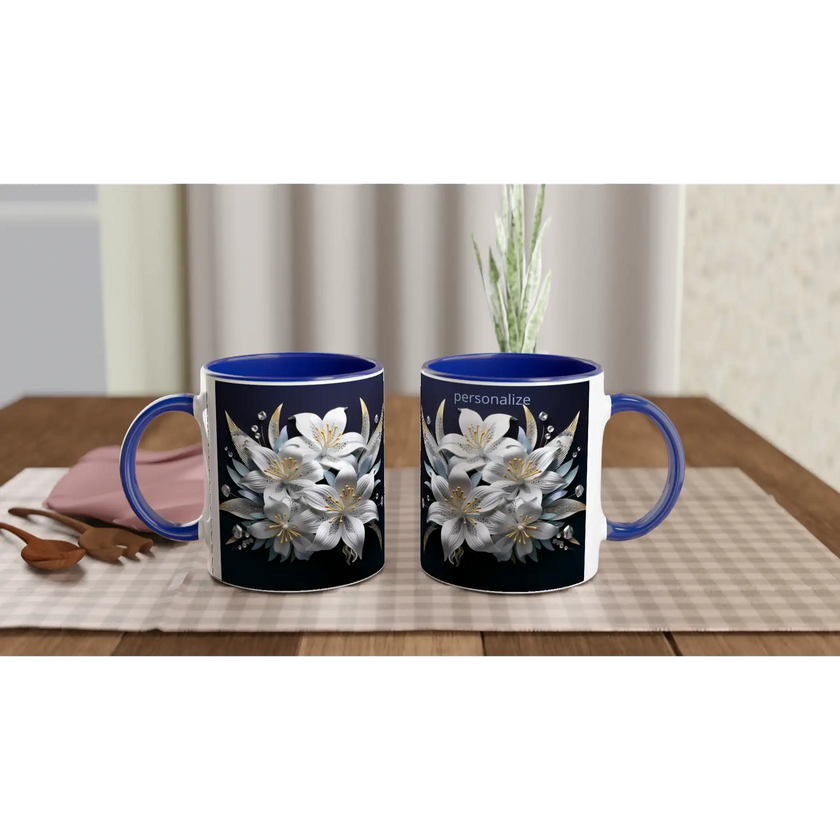 Ceramic mug with floral design and blue handle