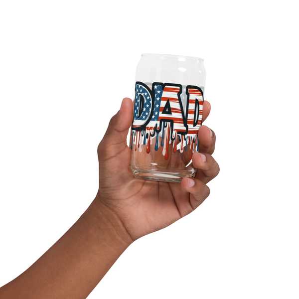 Clear patriotic Dad glass with red liquid and lid