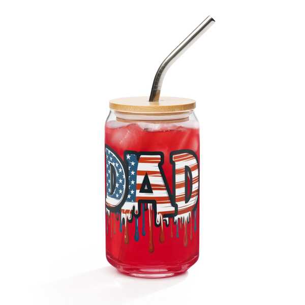 Red, white, and blue patriotic Dad drink glass with lid