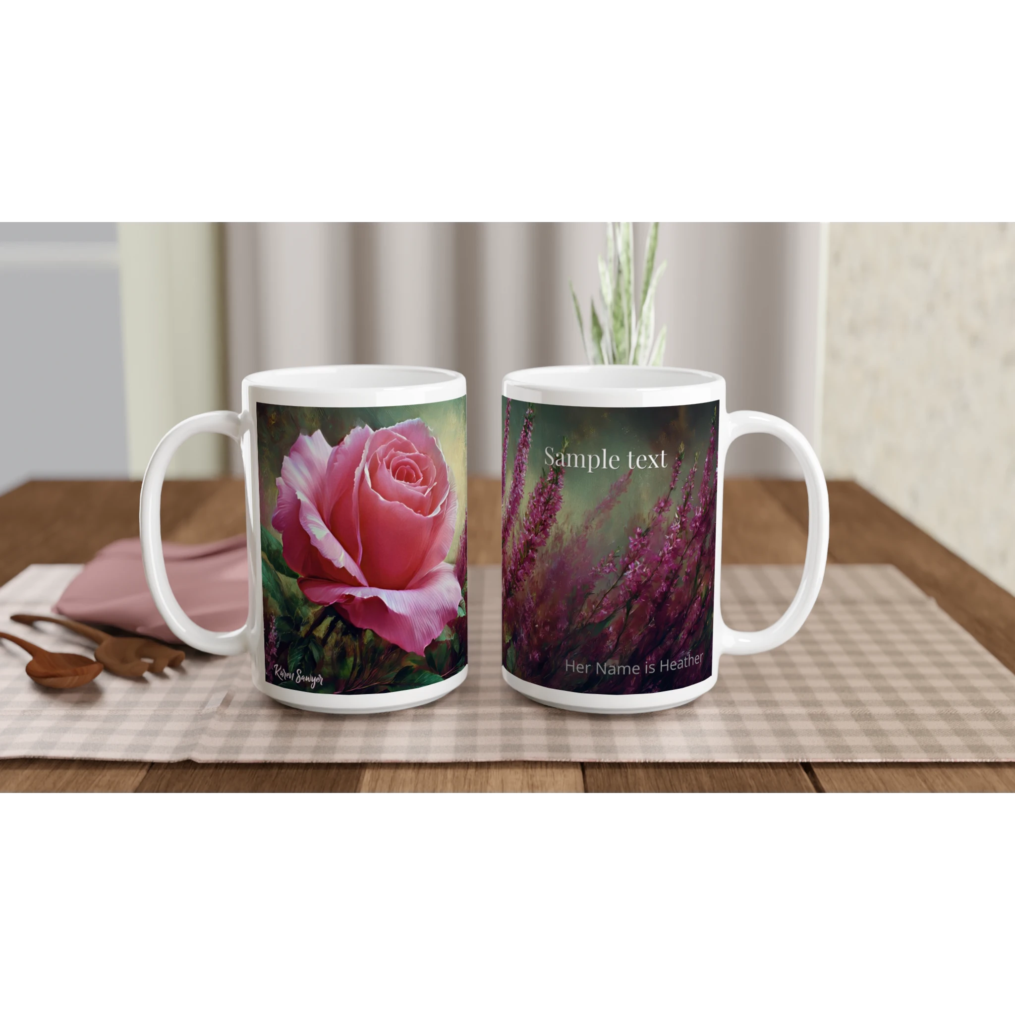Floral mug with pink roses and greenery