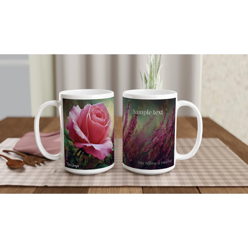 Floral mug with pink roses and greenery