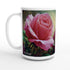 White mug with pink rose design and customizable text