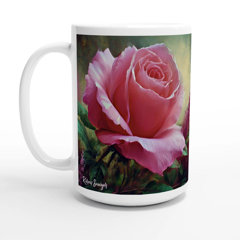 White mug with pink rose design and customizable text