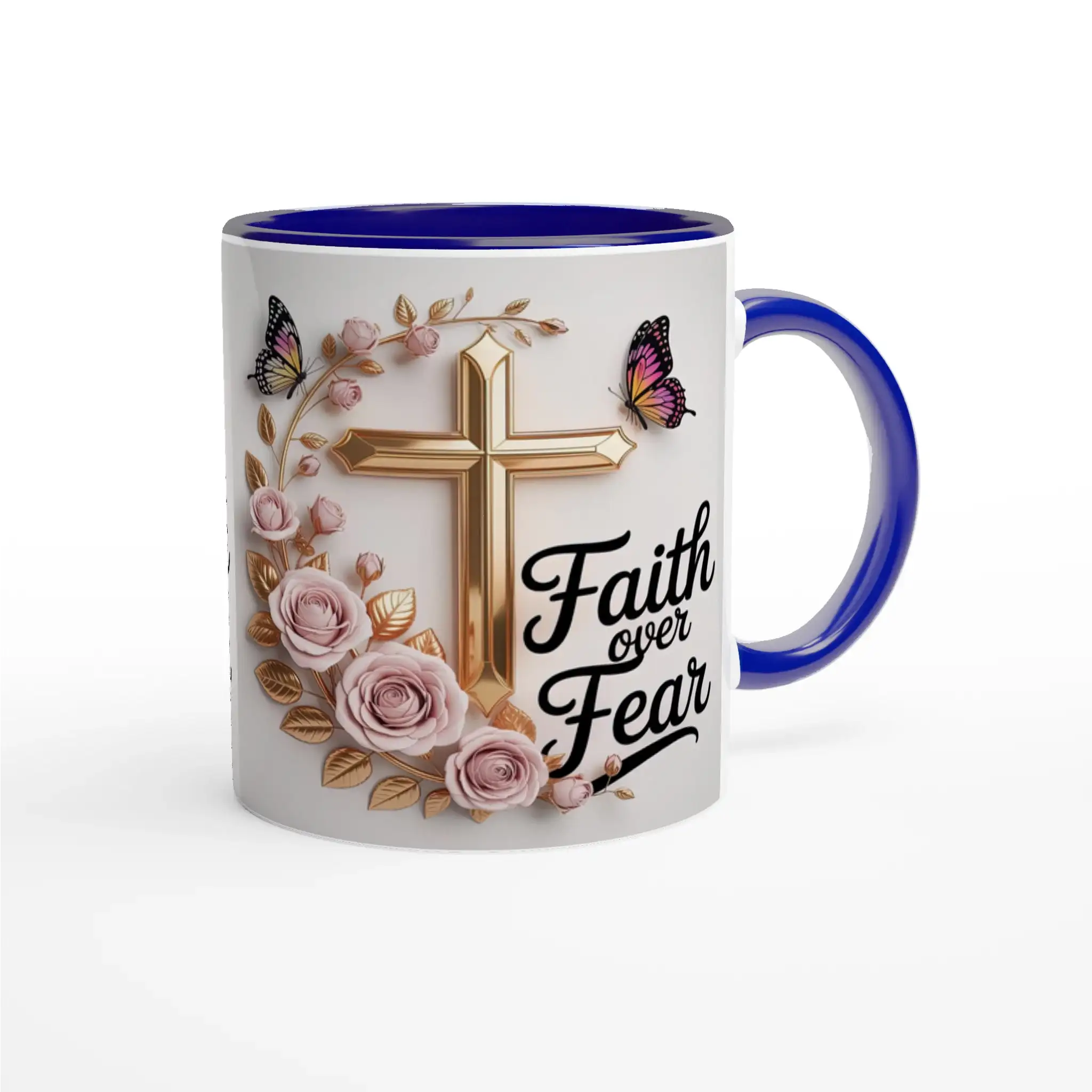 Close-up of the mug's interior with yellow rim and floral design, glossy finish