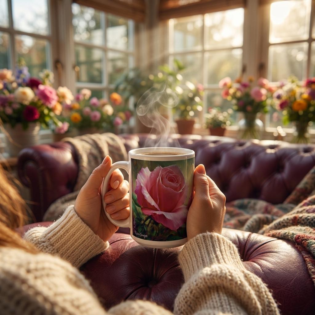 Close-up of floral mug with pink rose and greenery