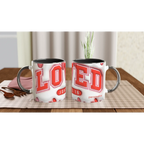 Personalized 11oz ceramic mug with bold red number 03 and customizable name