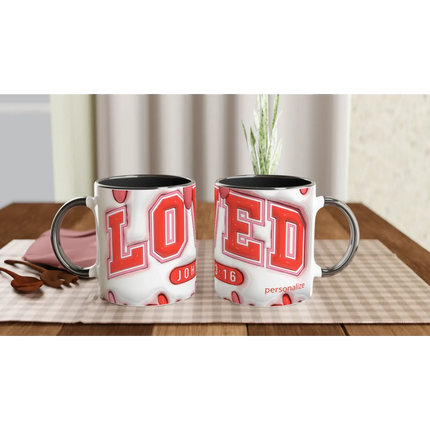 Personalized 11oz ceramic mug with bold red number 03 and customizable name