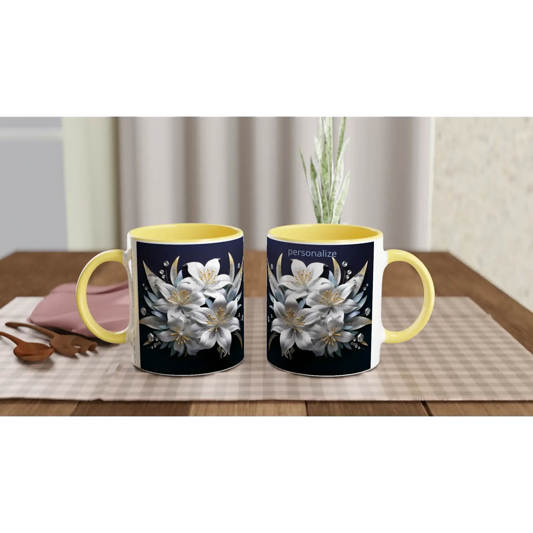 Ceramic mug with floral design and blue handle