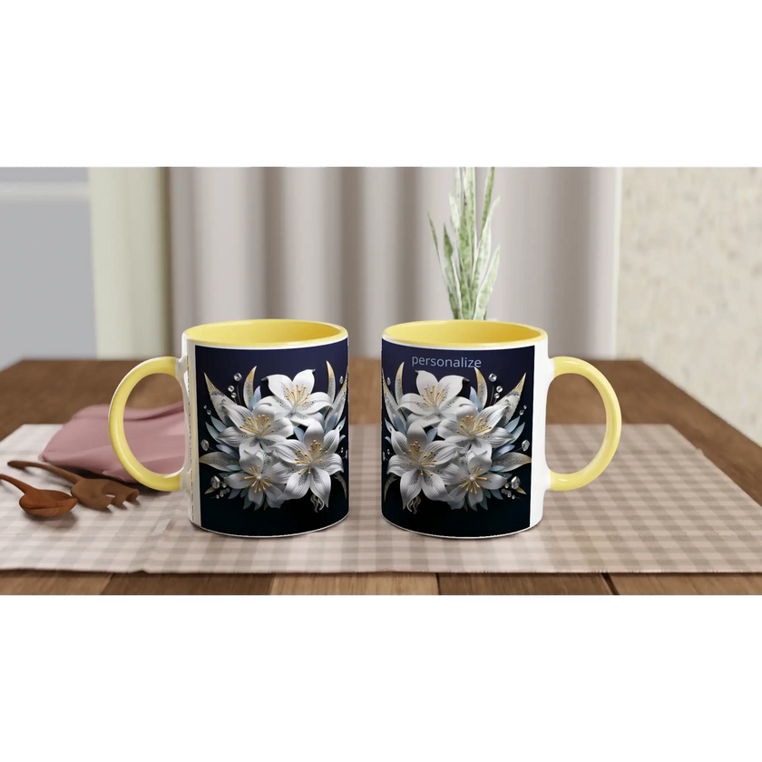 Ceramic mug with floral design and blue handle