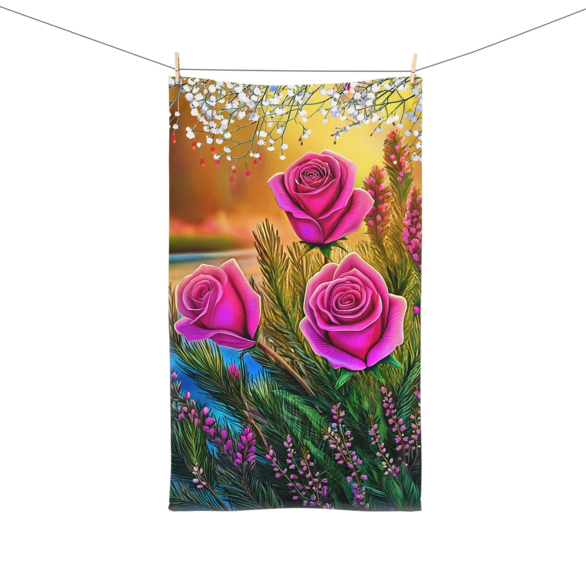 Floral Rose Bouquet Hand Towel with Vibrant Pink Roses - My True Design