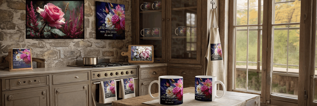 Her Name Is Heather Gift Card displayed with wall art and mugs in home decor