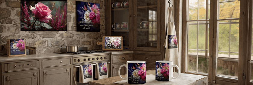 Her Name Is Heather Gift Card displayed with wall art and mugs in home decor