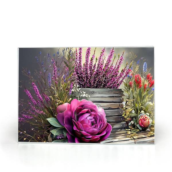 Floral art on glass cutting board with pink, purple, and red flowers