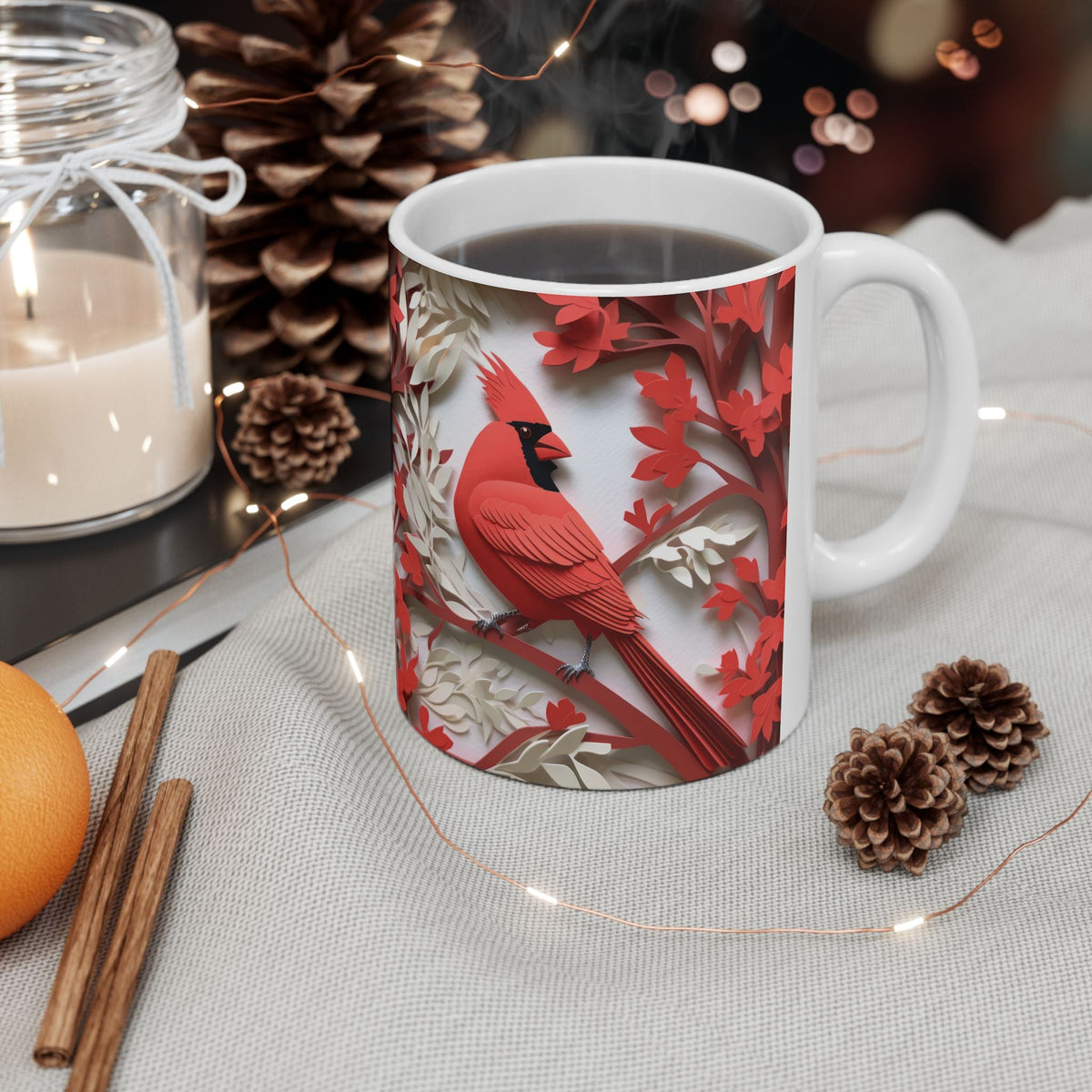 Red Paper-Cut Floral Ceramic Mug (11oz & 15oz) — Botanical Symmetry Coffee Cup - My True Design
